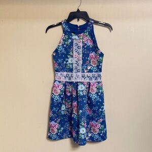 Girls Floral Sleeveless Dress with Lace Embellishments